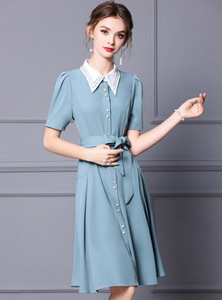 Blue Turn-down Collar Single-breasted Wrap Dress
