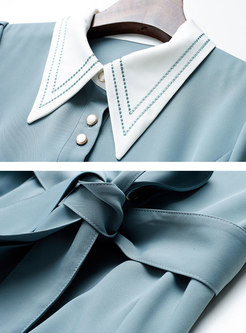 Blue Turn-down Collar Single-breasted Wrap Dress