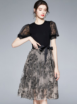 Black Puff Sleeve Retro Embroidered Mesh Dress