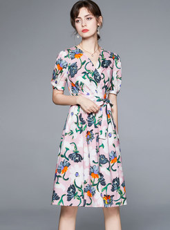 V-neck Short Sleeve Print A Line Dress