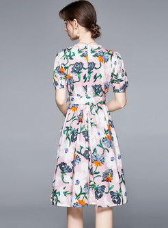 V-neck Short Sleeve Print A Line Dress