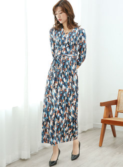 Blue Print 3/4 Sleeve Split Maxi Dress