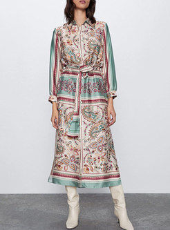 Satin Single-breasted Ethnic Print Maxi Dress