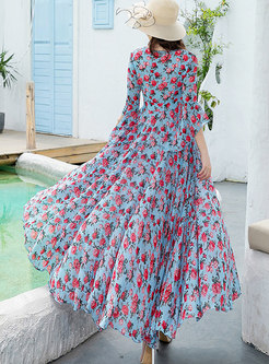 Boho Long Sleeve Print Chiffon Big Hem Maxi Dress