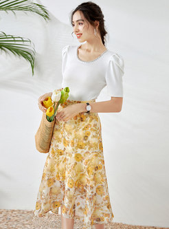 Beaded Puff Sleeve Top Floral Peplum Skirt Suits