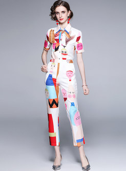 Short Sleeve Print Blouse & High Waisted Pant Suits
