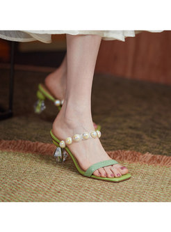 Square Toe Transparent Heel Pearl Slippers