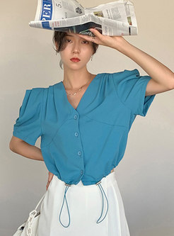 Solid Puff Sleeve Drawstring Button-front Shirt