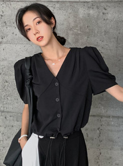 Solid Puff Sleeve Drawstring Button-front Shirt