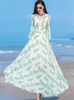 Light Green Leaf Print Long Sleeve Maxi Dress