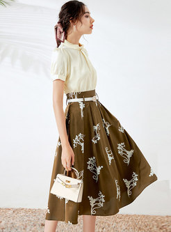Mock Neck Satin Blouse & A Line Print Skirt