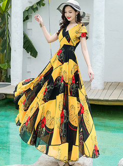 Boho Color-blocked High Waisted Big Hem Maxi Dress
