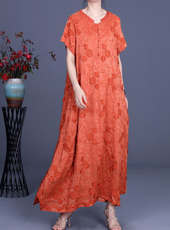 Short Sleeve Linen Embroidered Irregular Maxi Dress
