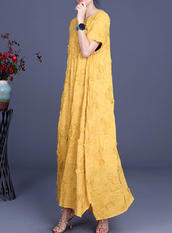 Short Sleeve Linen Embroidered Irregular Maxi Dress
