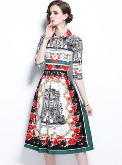 Retro Half Sleeve Print A Line Pleated Midi Dress