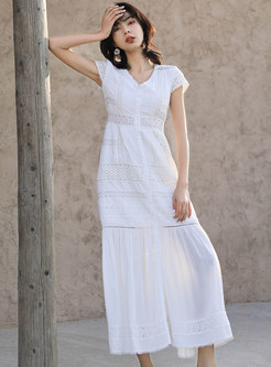 White V-neck Single-breasted Openwork Maxi Dress
