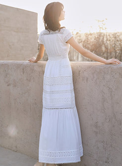 White V-neck Single-breasted Openwork Maxi Dress