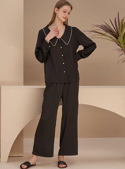 Cute Beaded Long Sleeve Black Wide Leg Pajamas Set