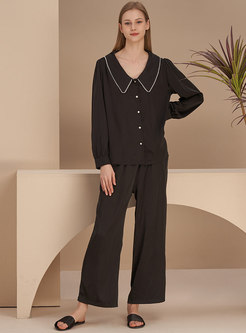 Cute Beaded Long Sleeve Black Wide Leg Pajamas Set