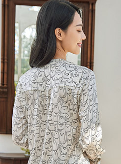 Long Sleeve Print Satin Silk Pullover Blouse