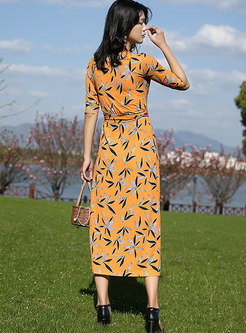 Yellow 3/4 Sleeve Print Wrap Maxi Dress
