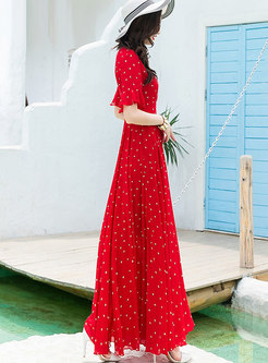 Red Dot V-neck Flare Sleeve Chiffon Maxi Dress