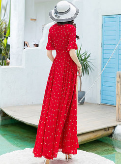 Red Dot V-neck Flare Sleeve Chiffon Maxi Dress