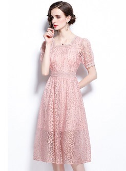 Pink Square Neck Embroidered Openwork Lace Dress