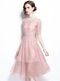 Pink Square Neck Embroidered Openwork Lace Dress