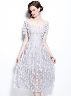 Square Neck Cinched Waist Openwork Lace Dress