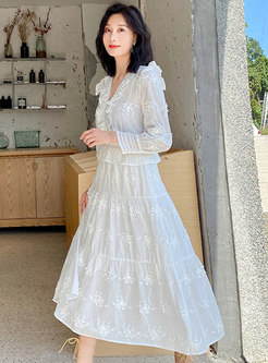 White V-neck Long Sleeve Embroidered Maxi Dress