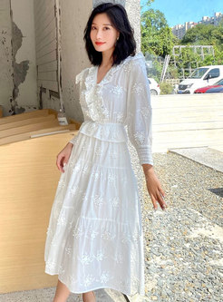 White V-neck Long Sleeve Embroidered Maxi Dress