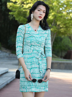 Green Geometric Print 3/4 Sleeve Bodycon Dress
