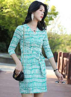 Green Geometric Print 3/4 Sleeve Bodycon Dress