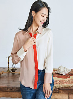 Color-blocked Long Sleeve Silk Blouse