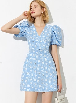 Blue V-neck Puff Sleeve A Line Mini Dress