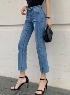 High Waisted Straight Capri Ripped Jeans