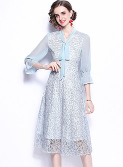 Bowknot Flare Sleeve Chiffon Patchwork Lace Dress