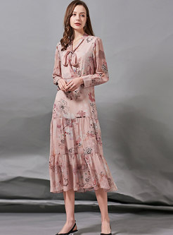 Pink V-neck Long Sleeve Print Silk Midi Dress