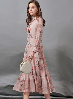 Pink V-neck Long Sleeve Print Silk Midi Dress