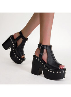 Black Leather Beaded Platform High Heel Sandals