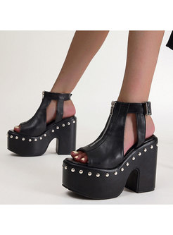 Black Leather Beaded Platform High Heel Sandals