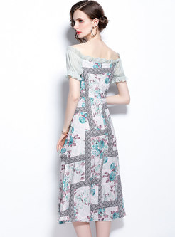 Off-the-shoulder Print Patchwork Midi Dress