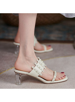 Square Toe Pearl Embellished Heeled Slippers