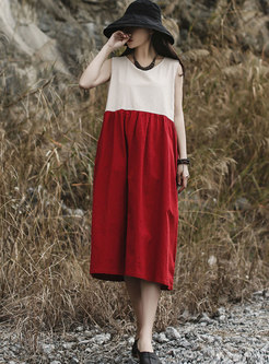 Color-blocked Sleeveless Patchwork Linen Shift Dress