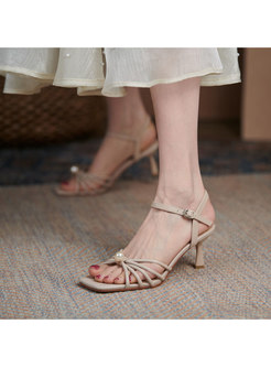 Square Toe Pearl Embellished Ankle Strap Heels