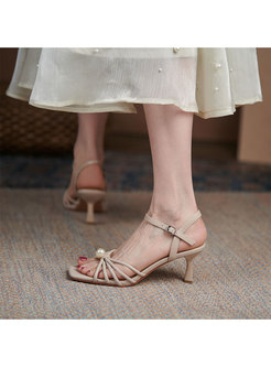 Square Toe Pearl Embellished Ankle Strap Heels
