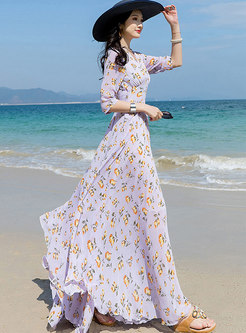 Boho 3/4 Sleeve Print Empire Waist Maxi Dress