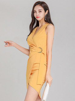 Yellow Sleeveless Belted Irregular Bodycon Dress