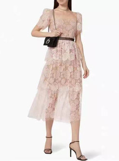 Pink Square Neck High Waisted Maxi Lace Dress